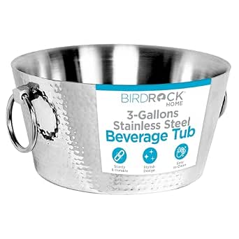 BIRDROCK HOME Hammered Stainless Steel Beverage Tub with Handles - 3 Gallon Double Wall Insulated Cooler