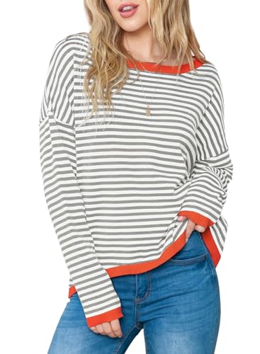 Image of Women's Striped Sweater Long Sleeve Crew Neck Ribbed Knit 2024 Fall Winter Pullover Sweater Tops
