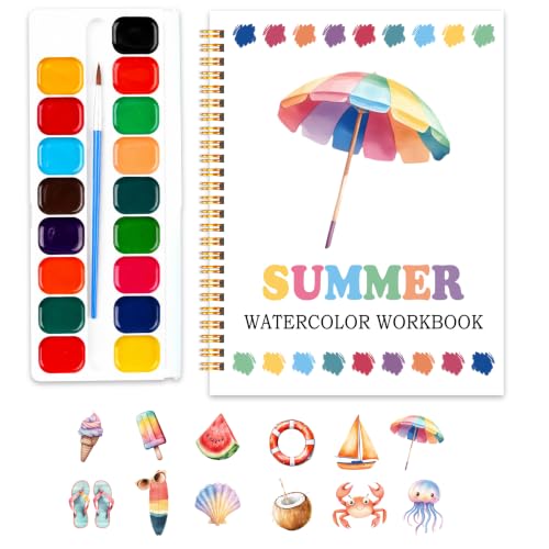 Easy Summer Holiday Watercolor Workbook, Water Coloring Book, 12 Patterns, 18 Colors Watercolors Paint Set, Watercolor Kit for Beginners, Relaxing DIY Art Gift for Adults Women Teen
