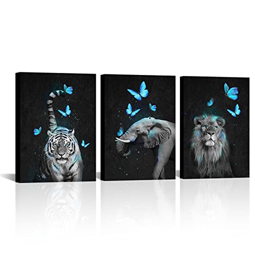 Conipit Black And White African Animal Wall Art Elephant Lion Tiger Pictures Animal With Teal Butterfly Painting Canvas (12"X16"X3 Panels) #TOP23
