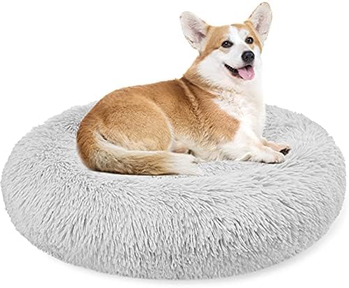 Enjamoy Plush Donut Dog Bed, Calming Round Dog Cat Bed Soft and Fluffy Cuddler Pet Cushion Self-Warming Puppy Beds Machine Washable, Grey 60cm