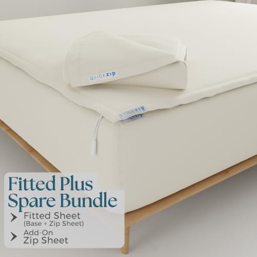 Image of QuickZip Fitted Sheet - Includes 1 Fitted Sheet Base & 2 Zip-On Sheets - Easy to Change, Won't Pop Off - Soft Percale 400 TC Cotton - 17.5' Deep Pockets - Ivory