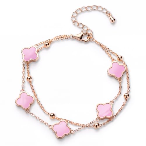 JOLINO Double Layer Clover Bracelet for Women, Adjustable Two-Layer Dainty Bracelet, Layered Bracelets for Women, Trendy Jewelry Gifts for Birthday (Rose Gold)
