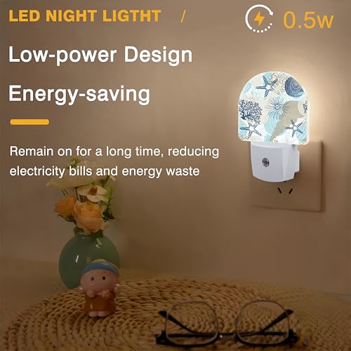 Image of Night Light, Corals and Seashells Night Lights Plug into Wall Dusk to Dawn Sensor Round Nightlight for Women Men Energy Efficient Led Lamp 0.5W for Stairway Hallway Bedroom
