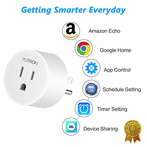 Smart Plug 2.4G WiFi YUTRON Smart Life Plugs WiFi Smart Outlets Wireless Sockets Works with Alexa, Echo Dot ,Google Home, Timer Switch, 10A, Long Reception Range, No Hub Required, White,1 Pack