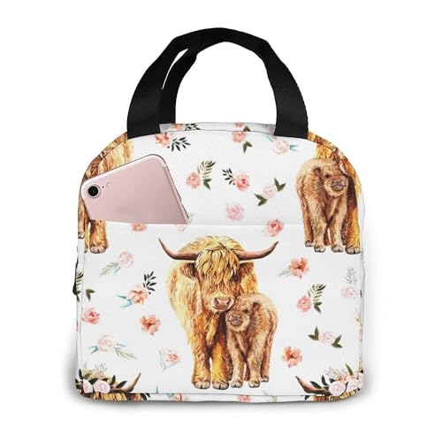 HYEPNED Bolsa de almuerzo con diseño de vaca escocesa de las tierras altas, color rosa primavera, bolsa de almuerzo aislada para adultos, niños, bolsa de almuerzo para picnic, trabajo y escuela