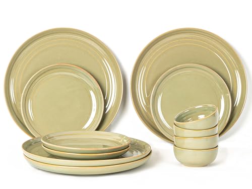 Image of Bodhi House Handcrafted Chip Resistance Porcelain Dinner Set, 12 Pieces Dish Set Serving for 4, Microwave and Dishwasher Safe, Bone-ash Free, Crockery Set for Dining and Gifting, Olive Green