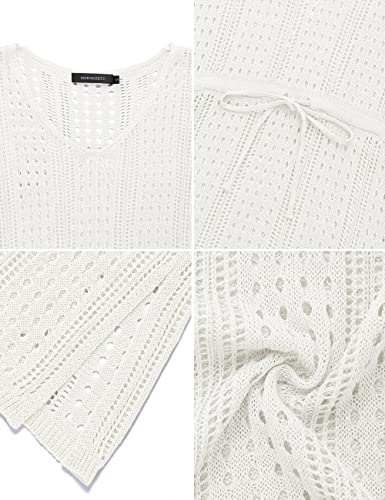 Merokeety Women's Crochet Bathing Suit Cover Ups Short Sleeve Tie Waist Beachwear Coverup Offwhite Medium #TOP4