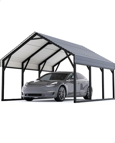 Image of GarveeLife 10x15 ft Metal Carport, Reinforced Frame and Steel Roof for All-Weather Use, Permanent Shelter for Bass Boats, Sedans, and Tractors, Gray