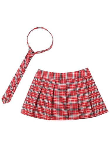 Jugaoge Women Japanese Schoolgirls Role Play Uniforms Zipper Plaid Pleated Mini Skirt Necktie Set