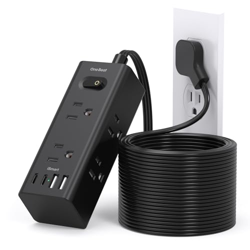 Image of 20Ft Extension Cord with Multiple Outlets, Flat Plug Power Strip Surge Protector with 20 Ft Long Cord, 6 Outlet 4 USB Ports (2 USB C), Multi Outlet Wall Plug for College, Dorm Room Essentials(Black)
