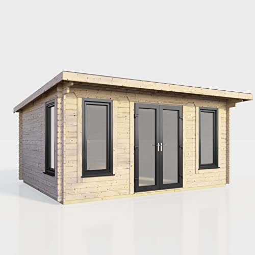 Image of Powersheds High Grade Premium Pent Log Cabin with Double Door, EPDM Rubber Roofing, Door & Window Flexibility, made from Extra Thick Timber & Toughened Glass (Central Orientation Door)