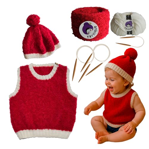 Yarnique Alpaca & Merino Baby Knitting Kit – Boucle Yarn Vest & Hat Set | Italian Yarn for Beginners & Moms | Handmade Christmas Gift & Keepsake | Soft Natural Fiber, Gentle on Baby Skin