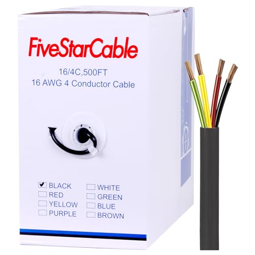 FiveStarCable 16/4 500 Ft. 4 Conductors Audio Speaker Lightning Installation High-Power Home Wiring Cable Wire (Black 16-4 500ft)