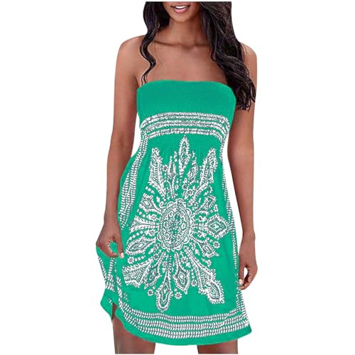 Summer Dresses for Women UK Strapless Boho Floral Print Sundress Tube Top Dress Beach Cover Ups Smocked Strapless Boob Tube Bandeau Casual Mini Dress A Line Flowy Sundresses