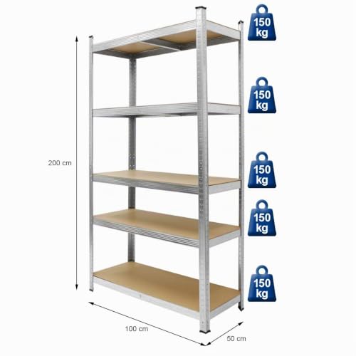 Miniatura 3 de Ecd Germany Juego De 2 Estanterías Para Cargas Pesadas 200x100x50 Cm De Metal Galvanizado Con 5 Estantes De Madera Tableros Mdf Cargable Hasta 750kg Montaje Sin Tornillos Banco De Trabajo Taller