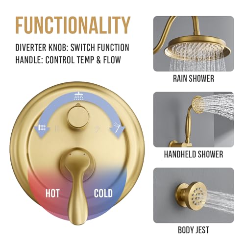 DASAN Antique Shower Faucet Sets Complete Rain Shower System in Wall with Body Shower Spray Jets, Brushed Gold Shower Fixtures with 9'' Rainfall Overhead Shower, Handheld, Valve & Trim Kit, AT249W-BTG by Dasan - Image 7