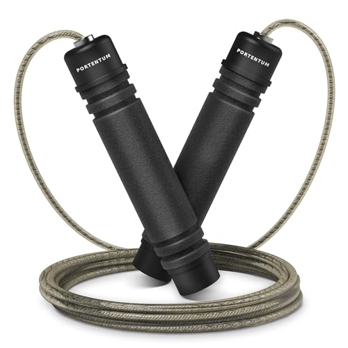 PORTENTUM Corda per Saltare Professionale Speed Corda Crossfit di Salto Regolabile con la Maniglia di Schiuma di Memoria Molle e Cuscinetti a Sfera, Regolatore di Lunghezza per Fitness, Boxe
