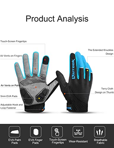 Kutook Mountain Bike Gloves, Gel Padded Cycling Gloves Full Finger Touch Screen Blue Medium #TOP4