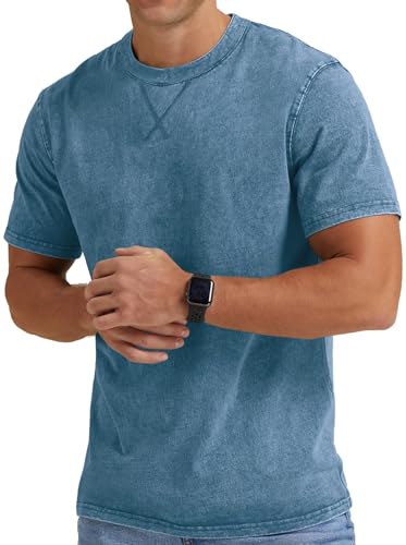 Image of Anelune Men's Distressed 100% Cotton T-Shirt, Denim Blue, L | Vintage, Oversized, Crew Neck, Casual Summer T Shirts for Men UK