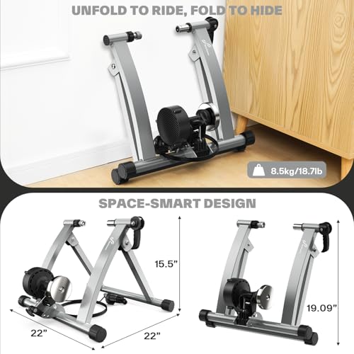 Sportneer Bike Trainer - Magnetic Stationary Bike Stand for 26-28" & 700C Wheels - Adjustable 6 Level Resistance Bike Trainer Stand for Indoor Riding with Quick Release Lever & Front Wheel Riser Block