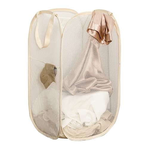Aplter Pop Up Laundry Basket Folding Laundry Hamper Mesh Hamper Storage Bin for College Dorms, Travelling, Crusing, Camping, Beige