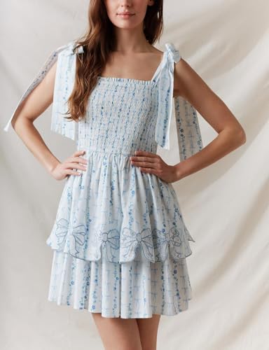 Image of Women Tie Shoulder Mini Dress Floral Ruffle Babydoll Dress Boho Square Neck Sundress Cute Summer Dresses