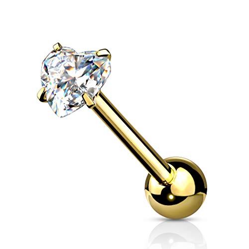 14 Gauge Prong Set Heart CZ 316L Surgical Steel Barbell Tongue Rings (Choose Color)