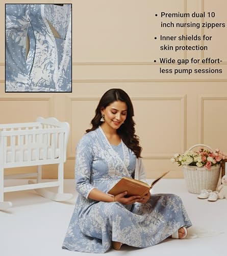 Image of DUMMY SHAPE Maternity Dresses for Women Cotton | Floral Kurta Pant Dupatta Set with Nursing Zippers, Side Pocket | Pre & Post Pregnancy | Feeding Kurti Suit | Baby Shower | Gifts for Pregnant Woman