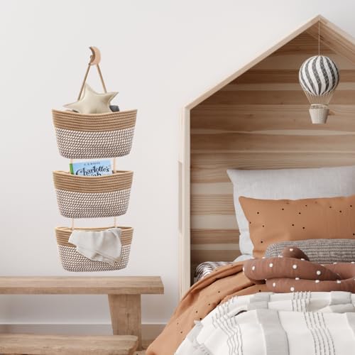 ililmmoe Over the Door Hanging Basket for Organizing 3 Tiers Woven Cotton Rope Wall Mount Storage basket Decorative Kitchen Hanging Organizer Bathroom include 1 door hook Flaxen Stripe - Image 2