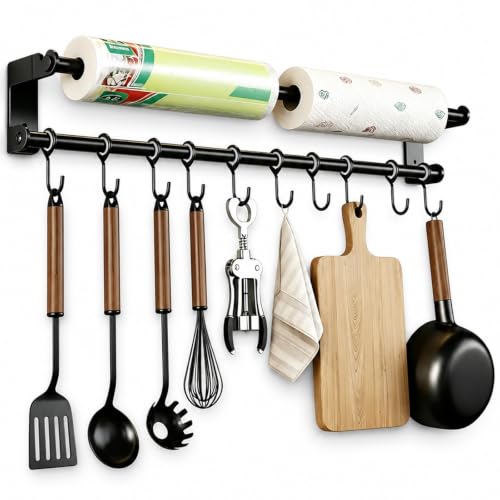 YICH 40 cm Selbstklebend Hakenleiste Küche mit 10 Haken | ohne Bohren & zum Anschrauben geeignet Küchenleiste Küchenreling Küchenstange Hängeleiste Küche Stange für Küchenutensilien