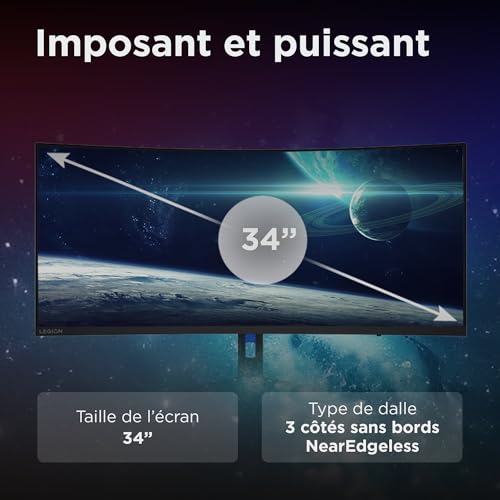 Lenovo Legion R34w-30 - Écran Gaming de 34" Incurvé avec Eyesafe (WQHD, VA, 180Hz, 0.5ms, HDMI+DP, Cable DP, AMD FreeSync, Haut-parleurs) Réglage en Inclinaison - Noir