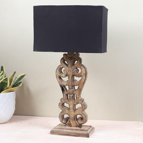 Image of tu casa Mangowood Rustic Brown French Table Lamp for Home Decoration, Bedroom, Living Room, Lounge, Office, Festival Gifting, Study Table (Black with Cotton Shade) H - 21 inch / No Bulb