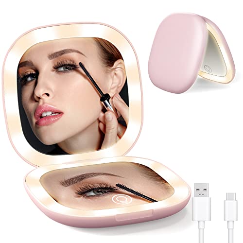 Jubor Espejo de Bolsillo, Espejo de Maquillaje Compacto con Luces LED, Espejo Portátil de Aumento 1X / 10X con Luz LED de 2 Caras, Espejo de Viaje con Luz Regulable - Rosa Cover
