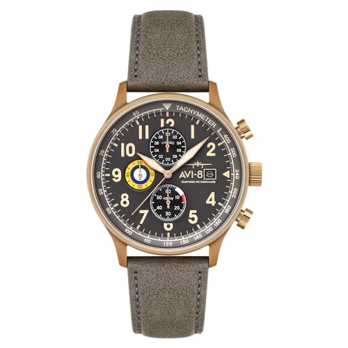 Image of AVI-8 Hawker Hurricane Mens Watch - 43.5mm Stainless Steel Case, Japanese Quartz Movement, Genuine Leather, Watches for Men, Classic Chronograph, Grey - AV-4011-0P