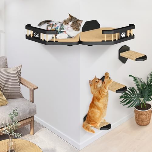 Wall-Mounted Cat Shelves & Perches - 2PCS with 3 Steps & Scratchi...