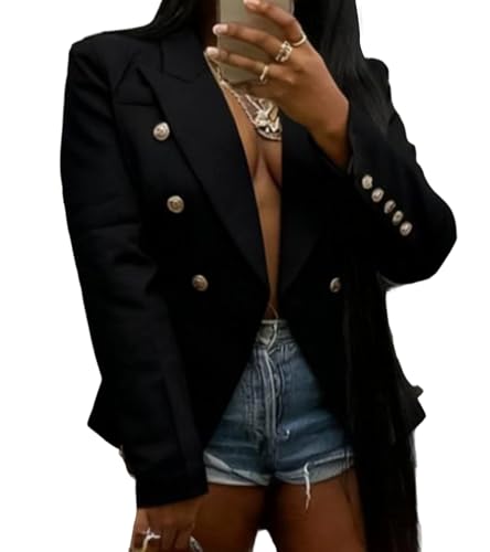 Tbahhir Womens Double Breasted Blazer Jacket Notched Cropped Fall Work
