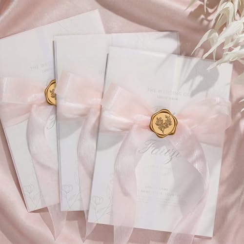 UNIQOOO 50 Sets Wedding Invitation Kit, Vellum Jackets for 5x7 Invitations w/Pink Satin Silk Ribbon& Eucalyptus Wax Seal Stickers, Wedding Invitation Accessories