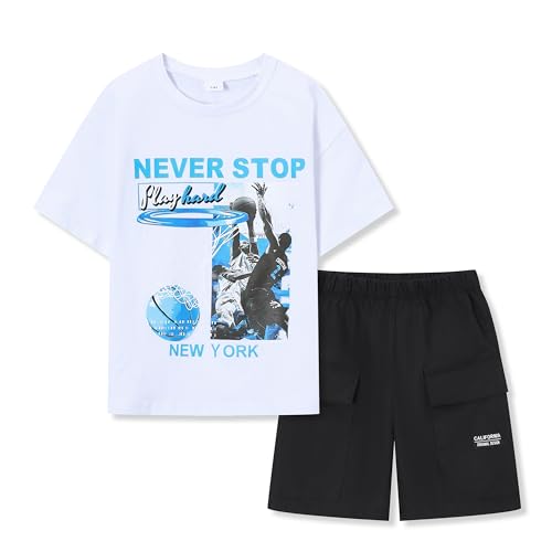 FJLSJSW Boys Clothes 2-Piece Outfits Basketball Print T-Shirt & Cargo Shorts Set Casual Summer Kids Clothes Teen Clothing Sets for 9-10 Years White