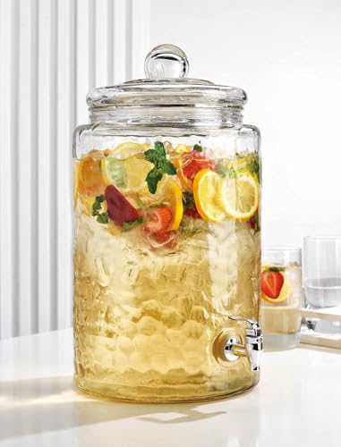 3 Gallon Classic Hammered Glass Ice Cold Beverage Drink Dispenser - With Glass Lid 100% Leak Proof Spigot- Wide Mouth Easy Filling For Outdoor, Parties & Daily Use
