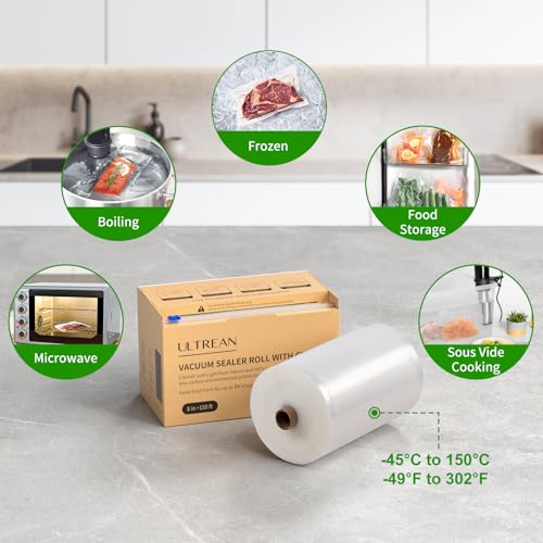 Ultrean 8\" x 150\' Vacuum Seal Roll Keeper with Cutter, Commercial Grade Vacuum Sealer Bags for Food Saver,BPA Free,Ideal for Storage,Meal Prep and Sous Vide