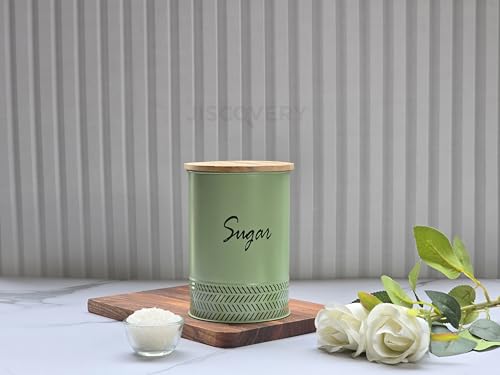 Image of JISCOVERY Airtight Tea & Sugar Container Set of 2| Metal Storage Canister with Wooden Lid for Kitchen| Storage Box for Kitchen Counter Top| 1300 ML| Green