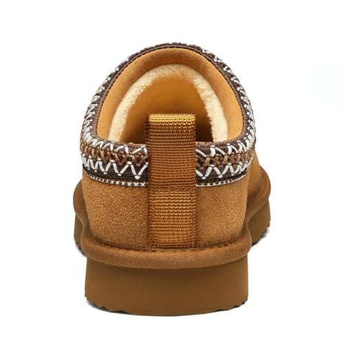 Genuine Suede Fuzzy Slippers for Women Winter Warm House Shoes Cozy Mini Boots Indoor Outdoor Chestnut 404