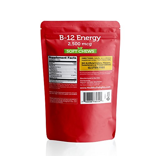 Healthy Delights Naturals, B-12 Energy Soft Chews, Promotes Energy Production, Supports Cognitive Health, Delicious Strawberry Burst Flavor, 30 Count #TOP1
