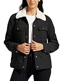 MoFiz Women's Corduroy Jacket Sherpa Fleece Lined Warm Winter Coat Button Down Casual Jacket with Pockets Black S