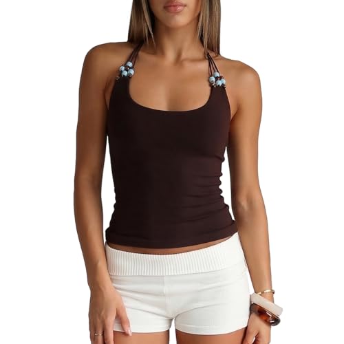 SUEER Women's Beaded Halter Top Scoop Neck Sleeveless Cami Slim Fit Ribbed Tank Top Y2K Streetwear Night Out Outfits (Coffee, L) by SUEER - Used condition - US$8.99