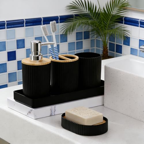 Miniatura 7 de Neikafan Juego De Accesorios De Baño 6 Piezas Negro Opaco Con Dispensador De Jabón, Jabonera, Bote Para Cepillos De Dientes Y Bandeja, Portacepillos Para Múltiples Espacios, Como La Cocina O El Baño