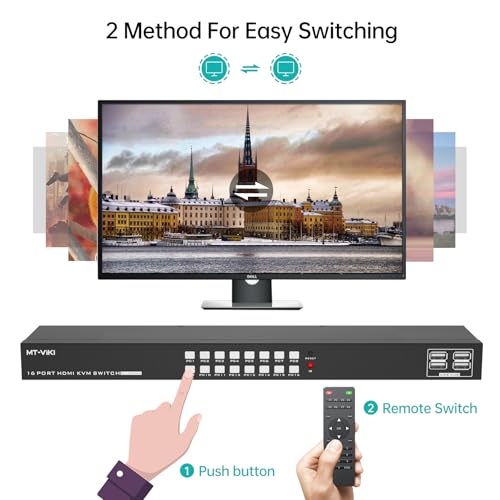 MT-VIKI 4K 16 Port KVM Switch HDMI, 4K@30Hz Rack Mount KVM Console w/16 Cables + 4 USB 2.0 Devices + Remote, Support EDID Storage, HDMI 1.4, HDCP 1.4 for 16 Computers/Servers, Fit 1U 19\'\' Rack - Thumbnail 5