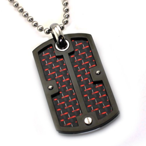 Pendentif en acier inoxydable Dog Tag à vis avec rouge/noir marqueterie de fibre de carbone