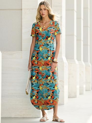 ANRABESS Women’s Summer Maxi Dress V Neck Short Sleeve Slit Side Shirt Dress Loose Fit Travel Beach Dress with Pockets Orange Blue Floral Small — view 2